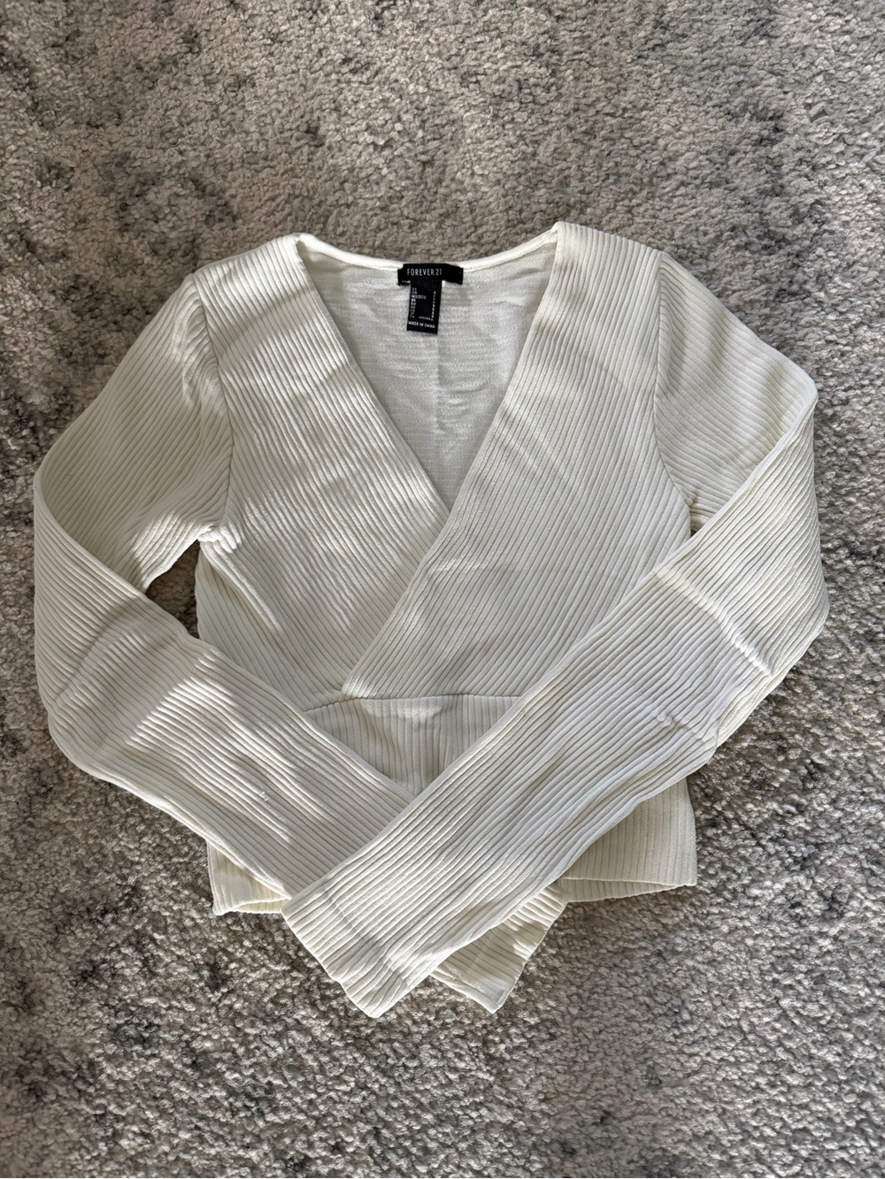 Forever 21 Cream Ribbed Wrap Long-Sleeve Crop Top